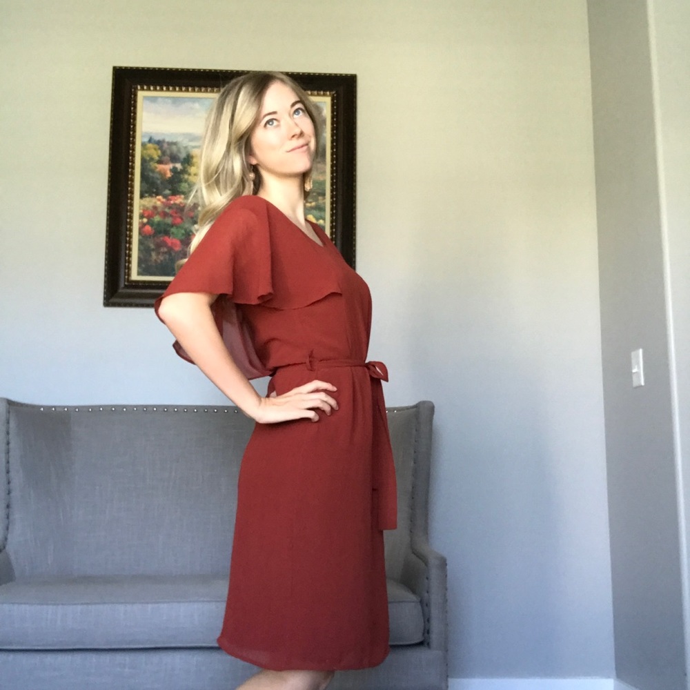 Brick Red Flutter Sleeve Dress